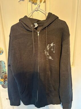 Charcoal Zip-Up Hoodie with Crescent Leaf & Stars Graphic